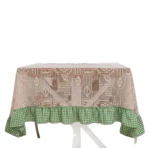 Vintage crochet lace tablecloth with green checkered ruffle, rustic aesthetic for dining table decor.