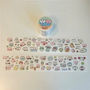 Detailed view of cute cartoon bear washi tape and PET sticker rolls for journal decoration.