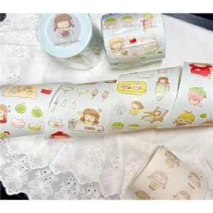 Cute cartoon girl decorative washi tape detail view, perfect for journaling and crafts.