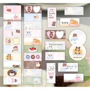 Cute washi tape sample set with adorable bears, cats, and dessert illustrations for daily crafts.
