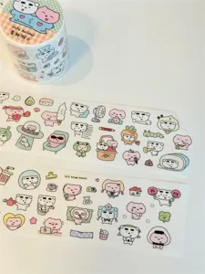 PET decorative tape and sticker rolls featuring cute cartoon bear and dog illustrations.