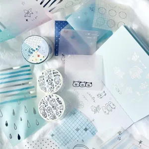 Ensemble de rubans Washi bleus et autocollants en papier sulfurisé pour carnet.