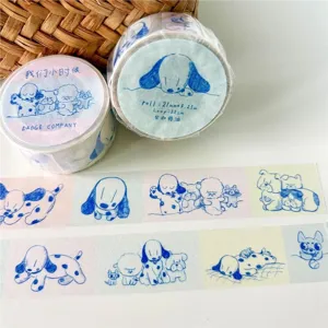 Cute blue puppy washi tape for journaling and scrapbooking, decorative masking sticker roll.