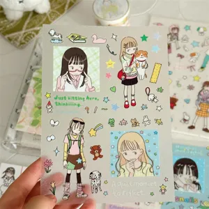 Schattig cartoonmeisje illustratie decoratieve sticker vel voor journaling en knutselen.