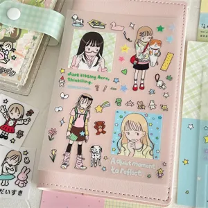 Schattige anime meisje sticker en mooie roze lederen journal cover decoratie.