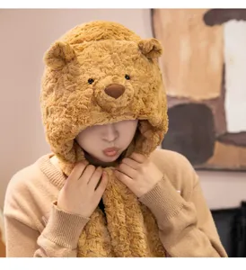 Bufanda con capucha de felpa de oso lindo para invierno, sombrero cálido con orejeras suaves.