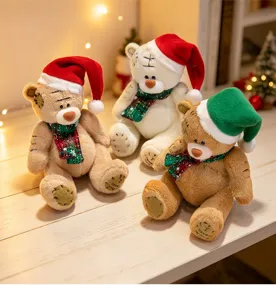 Christmas Teddy Bear Plush Toy Stuffed Doll with Santa Hat and Scarf for Holiday Gifts