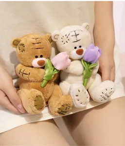 Cute couple teddy bears plush toys holding tulips, soft stuffed patch animal dolls for gift.