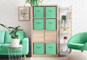 Foldable fabric storage box mint green open top drawer organizer for closet wardrobe home decor.
