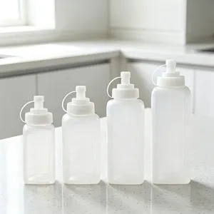 Vue détaillée de bouteilles souples en plastique transparent avec bouchons et échelles.