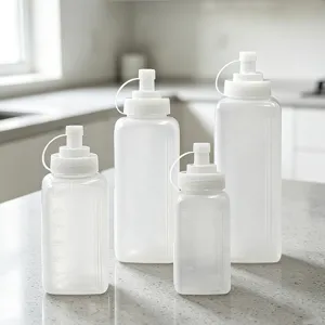 Bouteilles souples transparentes en plastique avec graduation pour sauces, ketchup et miel.