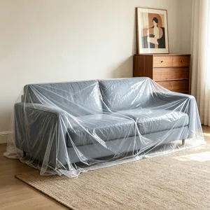 Fundas de sofa transparentes de plastico para proteccion contra polvo y film de muebles.