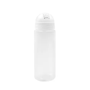 Vista dettagliata del portaspezie in plastica trasparente con tappo forato per cucina BBQ.