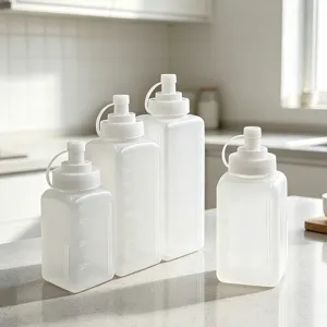 Kit de bouteilles souples en plastique transparent avec embout pointu pour sauce de cuisine.