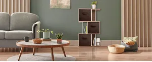 Foldable fabric storage boxes with drawers, brown storage bins for home wardrobe organization.