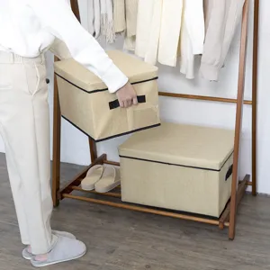 Stoffaufbewahrungsbox mit Deckel, leinenartiger Kleiderorganizer mit Griffen und Etikettentasche.