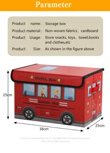 Details van de opvouwbare schoolbus opbergdoos met duidelijke afmetingen en materiaal.