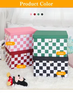 Boîte de rangement pliable en tissu Oxford, vue détaillée, motif à carreaux avec couvercle.