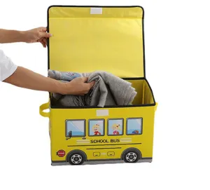 Opvouwbare gele schoolbus opbergdoos met deksel voor speelgoed kleding detail weergave