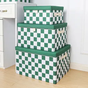 Boîtes de rangement en tissu pliables à carreaux vert et blanc, organisateur de vêtements.