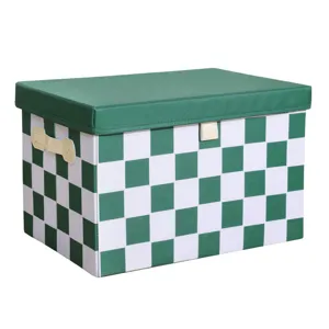 Boîte de rangement en tissu à carreaux vert et blanc pliable avec couvercle et poignées.