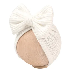 Newborn white knitted baby beanie hat with big bow infant turban cap winter warm cute headwear