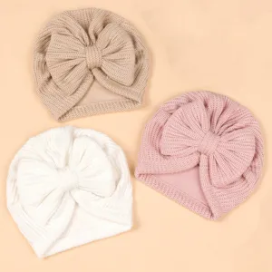 Newborn baby knit beanie hat with big bow, cute infant winter warm cotton turban cap
