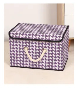 Foldable fabric storage box with lid and rope handles, purple houndstooth organizer bin.