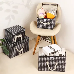 Foldable fabric clothing storage box with lid and rope handles, houndstooth pattern bin for home.