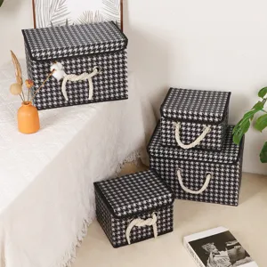 Foldable fabric storage box set with lid houndstooth organizer basket for home wardrobe