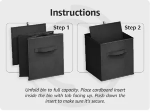 Foldable fabric storage box with sturdy cardboard insert and handle for home closet organization.