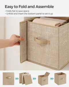 Foldable fabric storage box detail showing easy assembly steps and flat folding design for space saving.