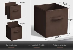 Collapsible fabric storage box with front handle, brown color, space-saving design.
