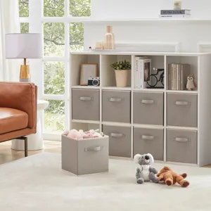 Detail view of the foldable fabric storage box in a home scene, ideal for toy organization.