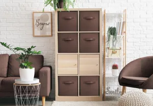 Foldable fabric storage box detail view, lidless cube organizer bin for closet clothes sorting.