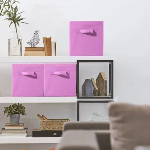 Pink foldable fabric storage box detail, closet organizer basket with handle for home.
