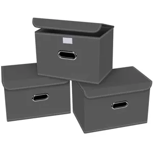Faltbare Stoff-Aufbewahrungsboxen mit Deckel und Griffen, 3er-Set Graue Boxen für Haushalt.