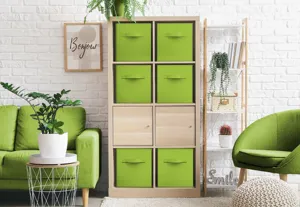 Green foldable fabric storage box set for cube shelving, ideal for home wardrobe organization.