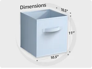 Hellblaue faltbare Stoff-Aufbewahrungsbox Detail mit klaren Maßen und Frontgriff Design.