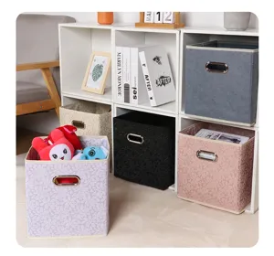 Foldable fabric storage box with metal handle, closet organizer bin for home clothes and toys.