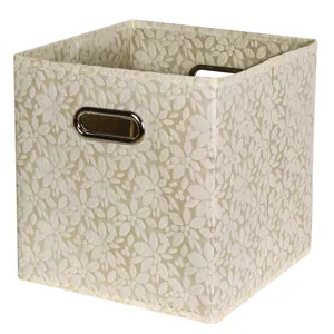 Collapsible fabric storage box cubic organizer bin with leaf pattern and metal handles.