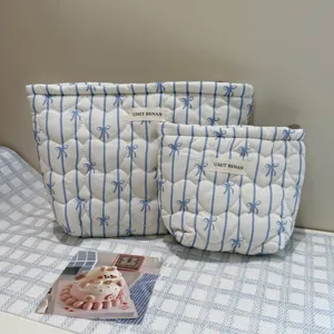 Grote Capaciteit Gewatteerd Katoen Cosmeticatas Blauw GestreEfte Strik Patroon Draagbare Reizen Toiletartikel Tas Make-up Organizer Pouch