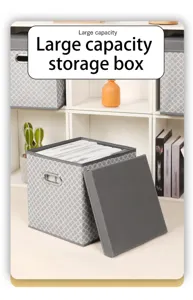 Collapsible fabric storage box with lid, large capacity grey geometric organizer bin.