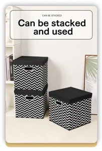 Foldable fabric storage box with lid, black and white chevron pattern home organizer bin.