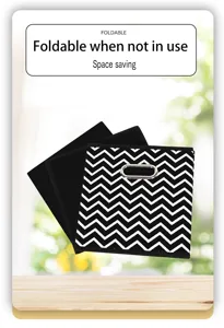 Foldable fabric storage box with chevron pattern and metal handle for home wardrobe use.