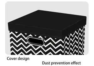 Foldable fabric storage box with lid, black and white chevron pattern for home organization.