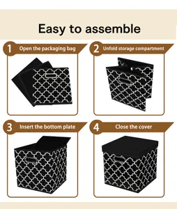 Foldable fabric storage box with lid and front handle for home closet organization.