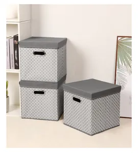 Foldable fabric storage box with lid, grey geometric pattern clothes and toy organizer bin.