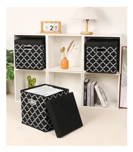 Foldable fabric storage box with lid and moroccan pattern, perfect for home organizing.