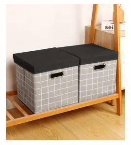 Faltbare Stoff-Aufbewahrungsbox mit Deckel, graues Gittermuster und Metallgriff für Zuhause.